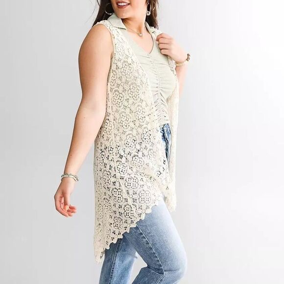 Adora Cream Sheer Crochet Lace Hi-Low Midi Open Front Boho Vest Women’s Size S/M - Picture 1 of 9